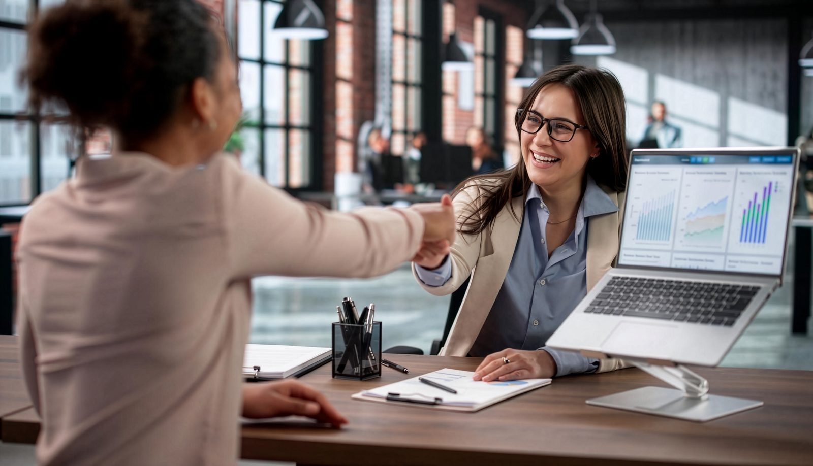 Corporate financial consultants collaborating at office desk